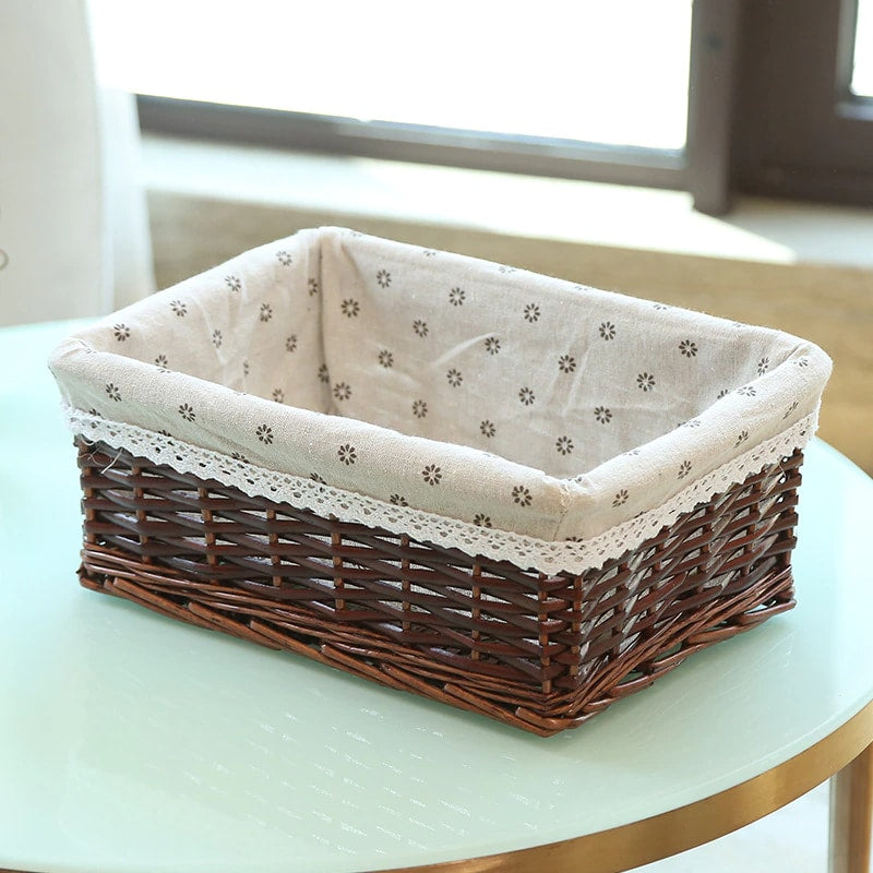 Rectangular wicker basket with red gingham cotton liner