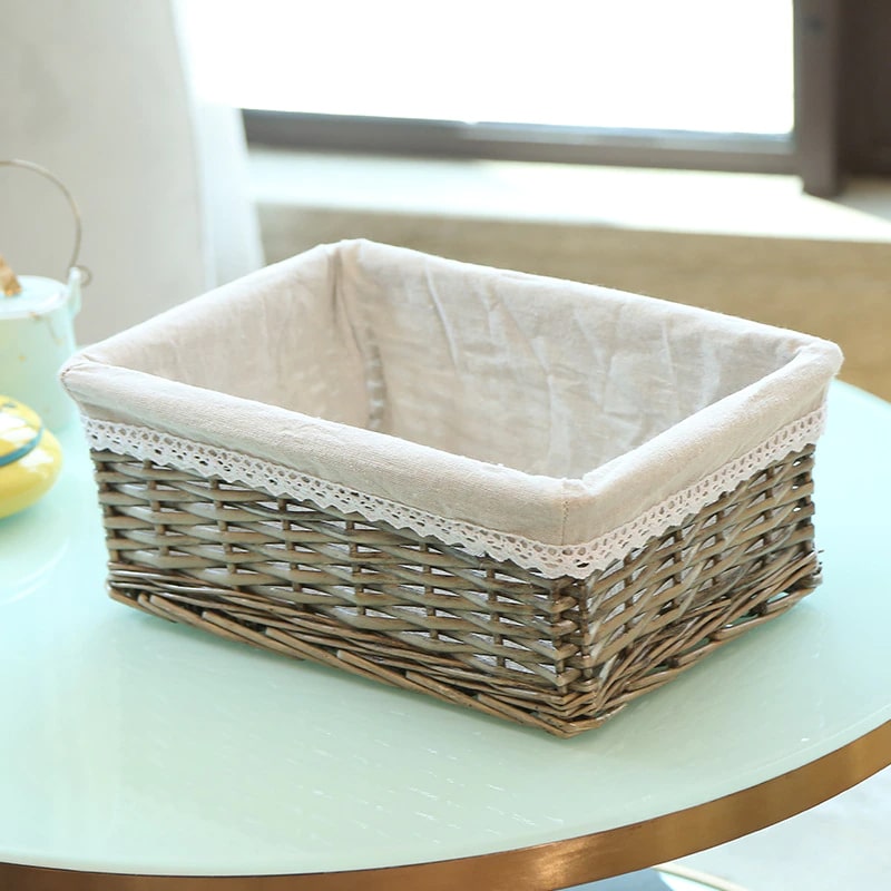 Rectangular wicker basket with red gingham cotton liner