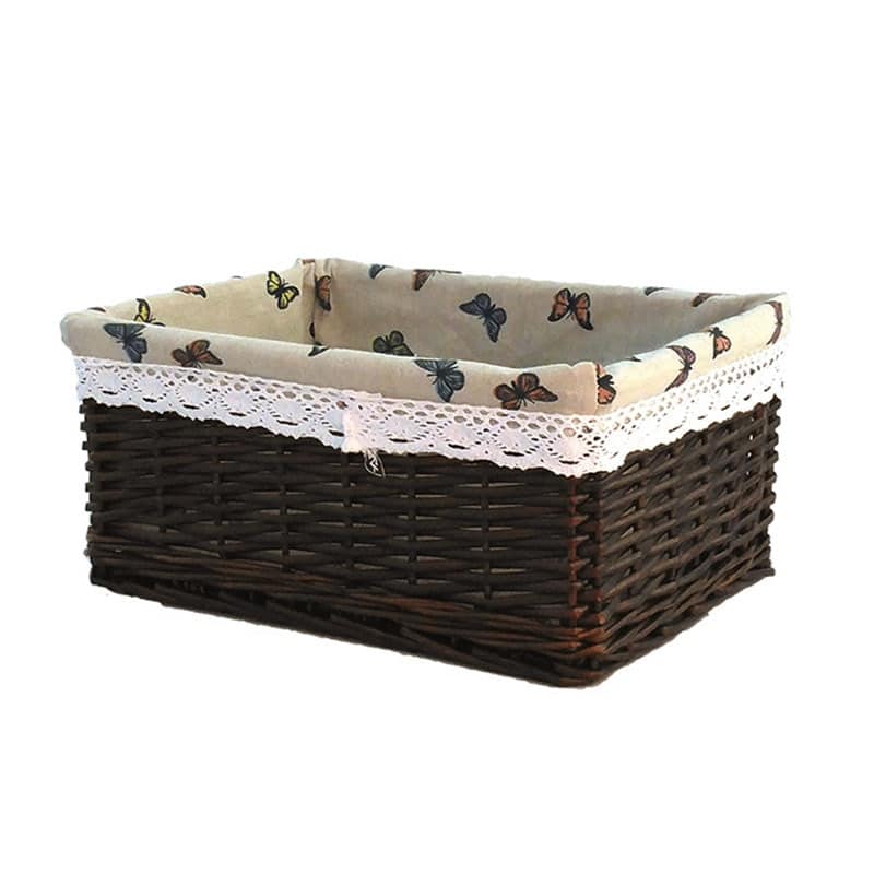 Dark rectangular wicker basket with printed fabric liner