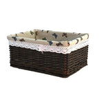 Dark rectangular wicker basket with printed fabric liner