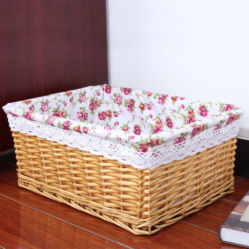 Dark rectangular wicker basket with printed fabric liner
