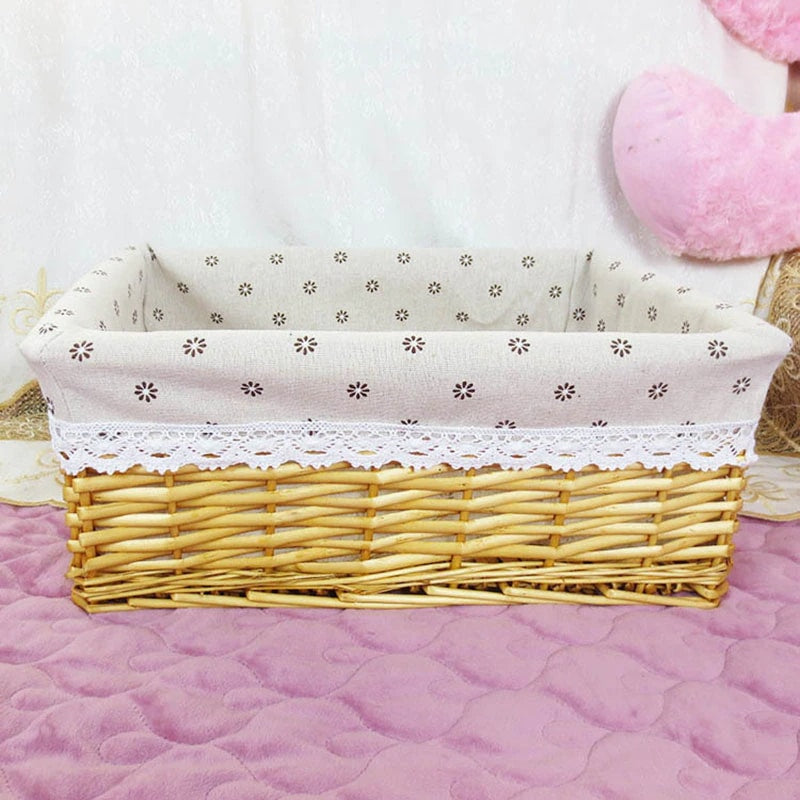 Dark rectangular wicker basket with printed fabric liner