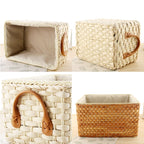 Lined woven storage boxes with handles on shelves