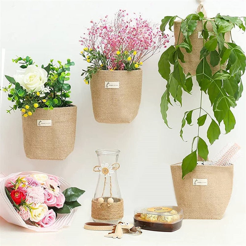 Small linen fabric storage baskets with hanging loops
