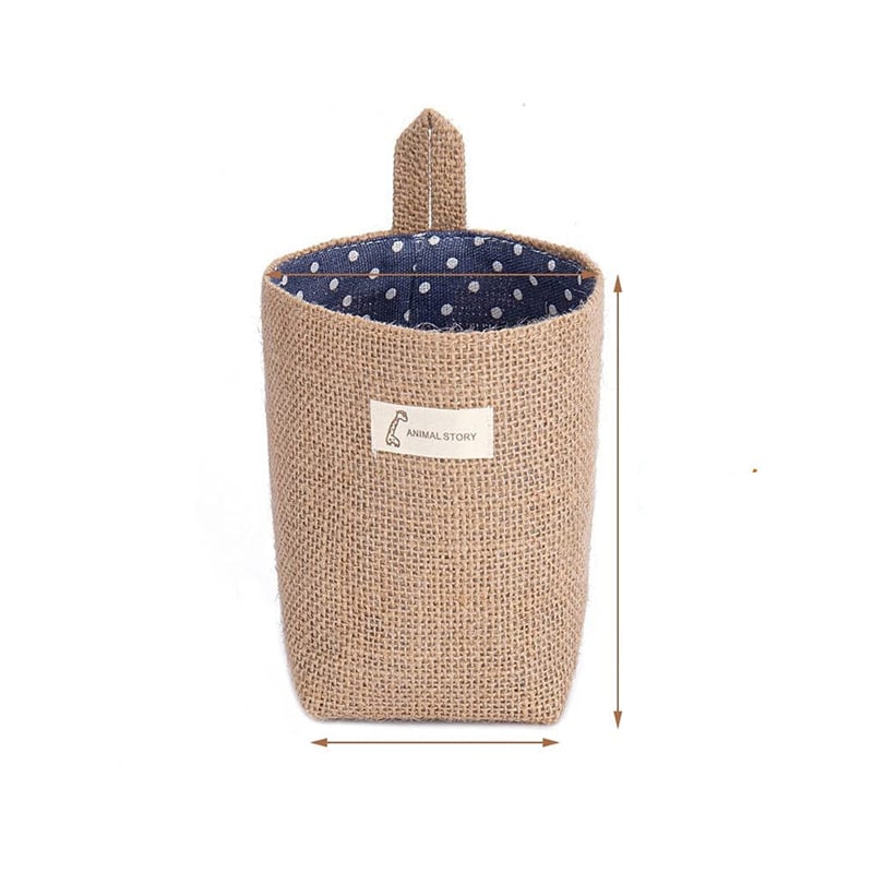 Small linen fabric storage baskets with hanging loops