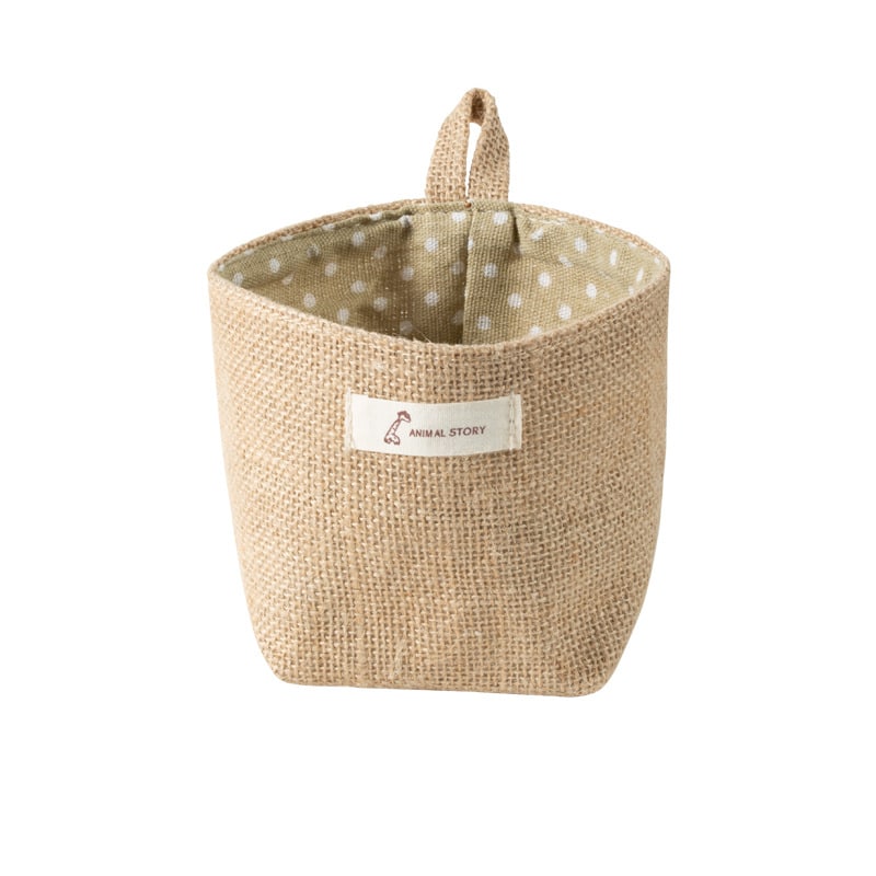 Small linen fabric storage baskets with hanging loops