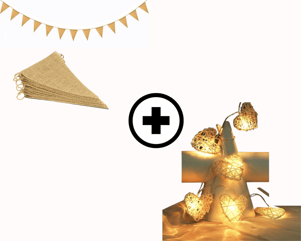 Set of a linen pennant banner and a string of woven rattan heart lights