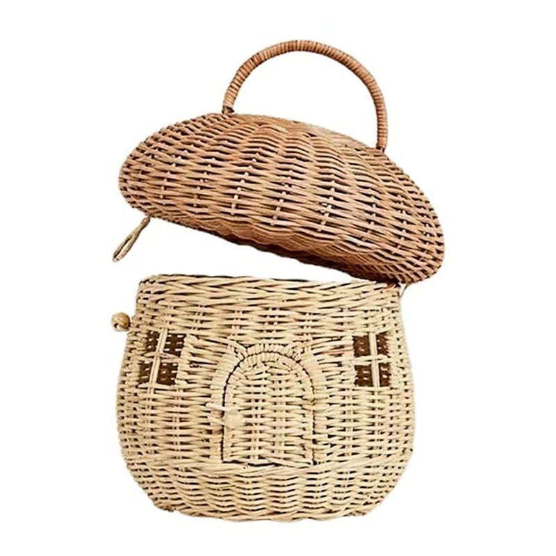 Rattan storage basket shaped like a little house with domed lid