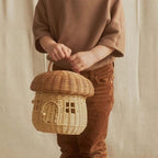 Rattan storage basket shaped like a little house with domed lid