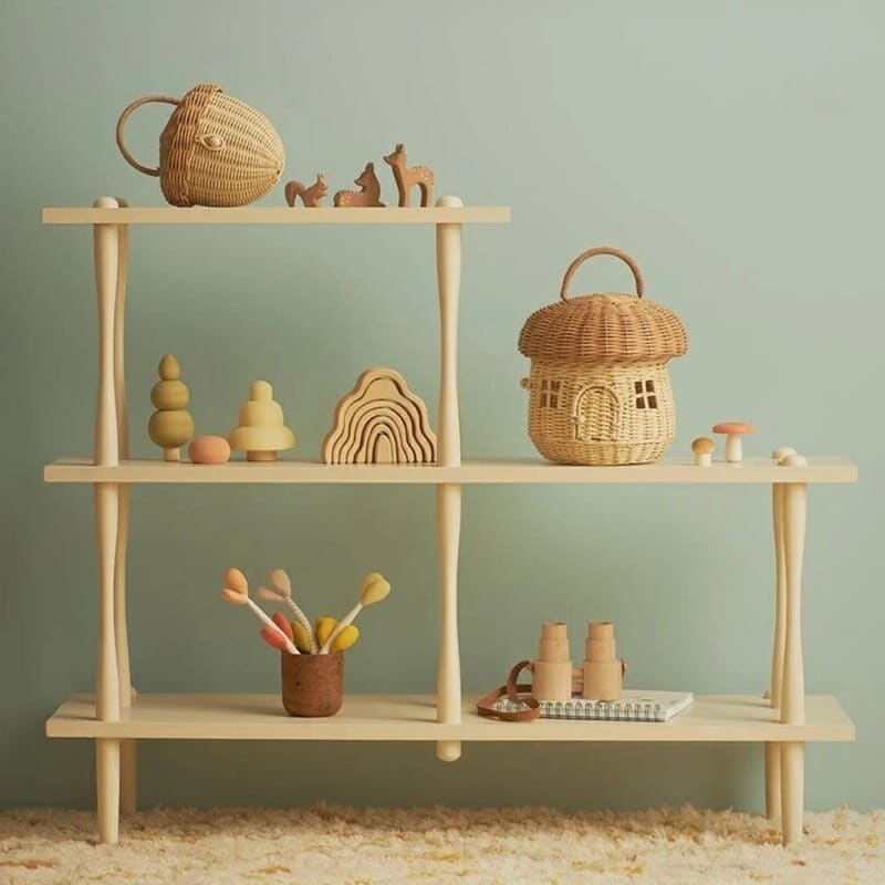 Rattan storage basket shaped like a little house with domed lid