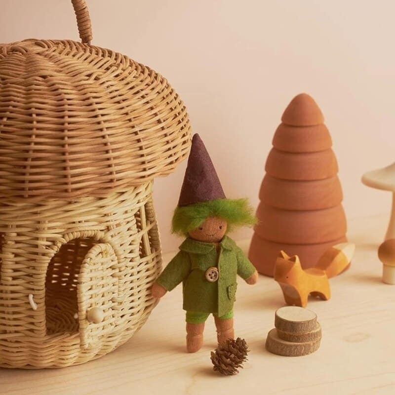 Rattan storage basket shaped like a little house with domed lid