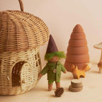 Rattan storage basket shaped like a little house with domed lid