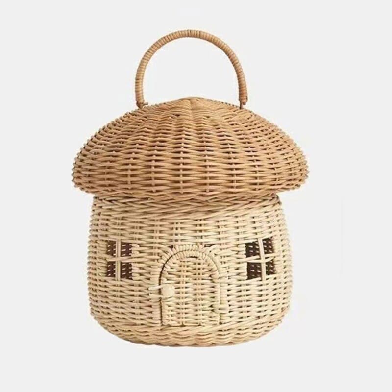 Rattan storage basket shaped like a little house with domed lid