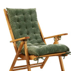 Long deep green polyester cushion covering the seat and back of a chair