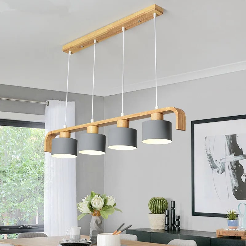 Long linear wood LED pendant light for a dining table