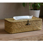 Long rectangular woven rattan tissue box with a removable lid