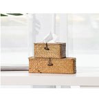 Long rectangular woven rattan tissue box with a removable lid