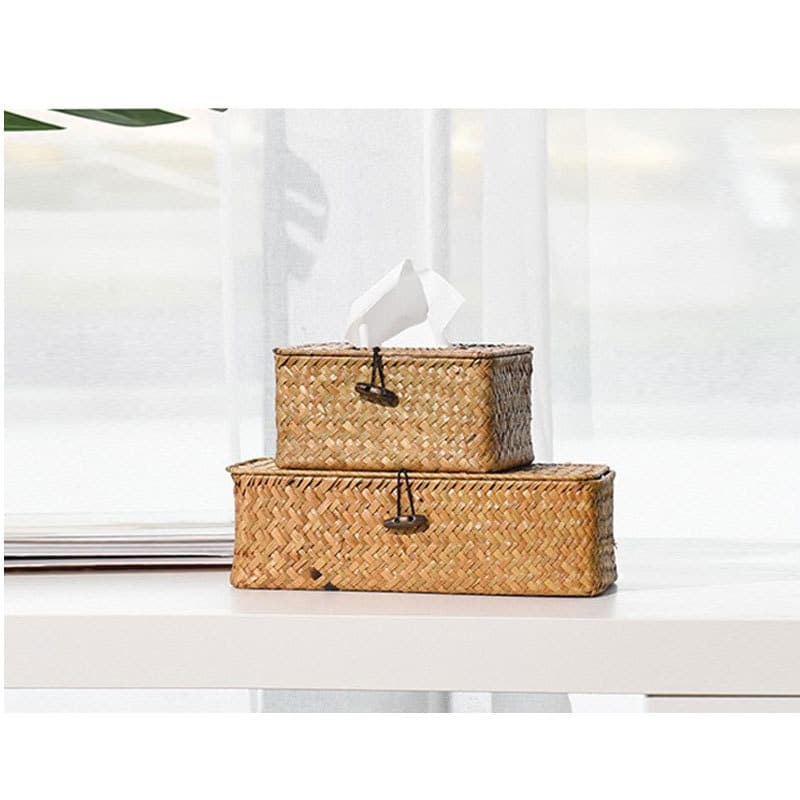 Long rectangular woven rattan tissue box with a removable lid