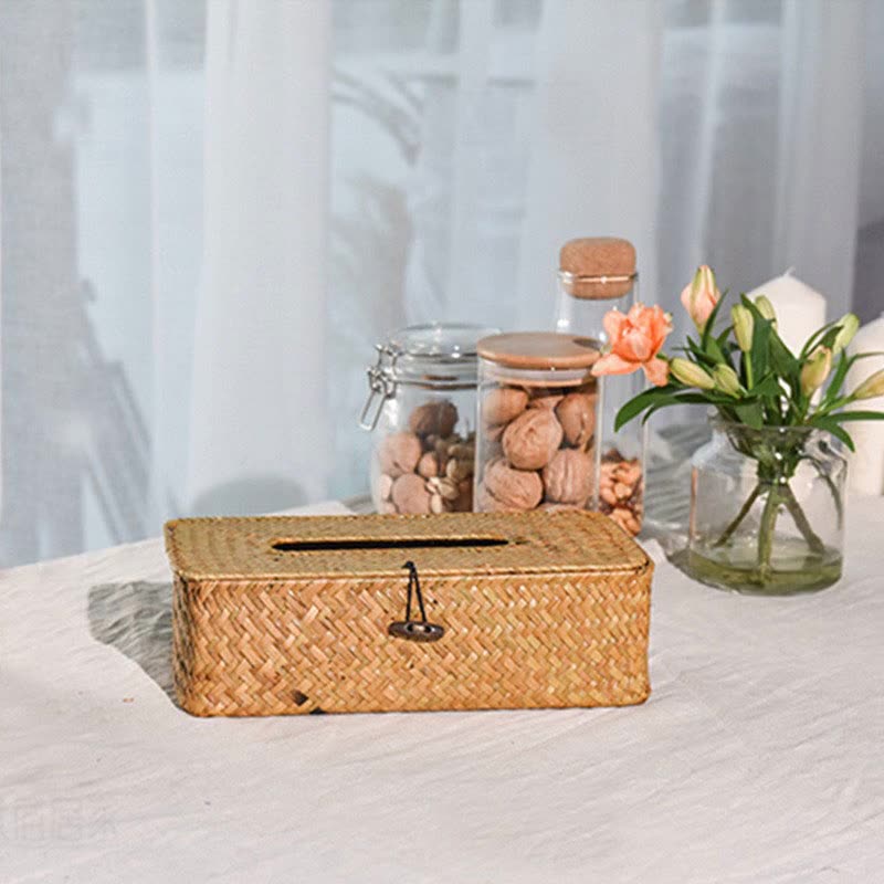 Long rectangular woven rattan tissue box with a removable lid