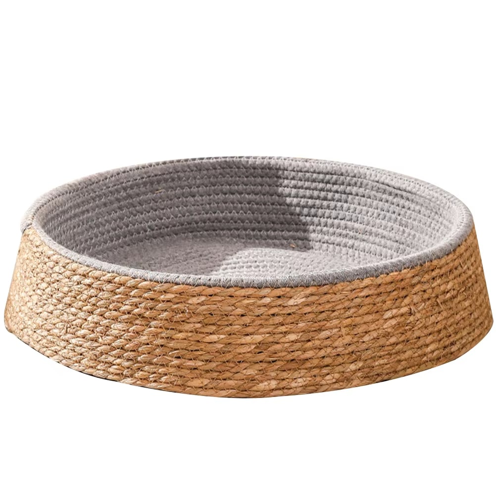 Low round woven pet bed with gray lining