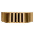 Structured handbag in sculpted natural wood with a hand woven rattan body