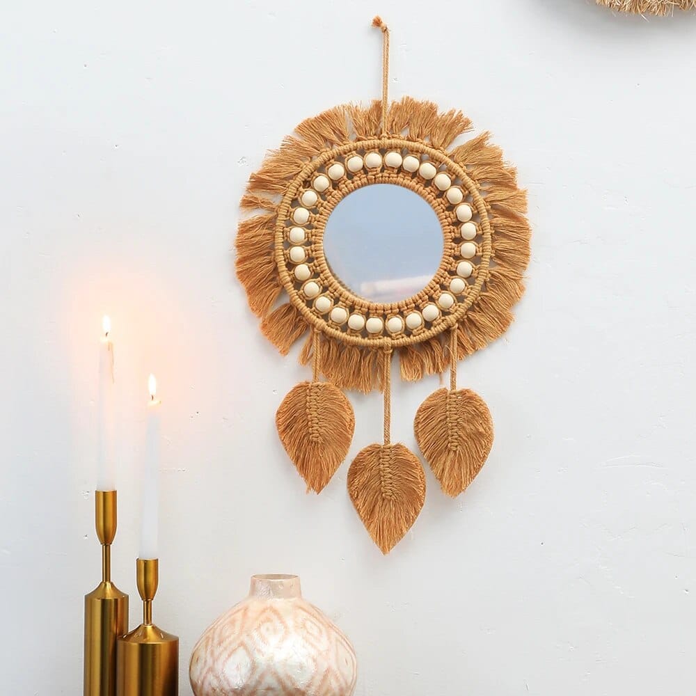 Round macrame mirror with bead ring and woven leaves