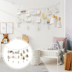 Macrame photo display with clips holding photos and postcards