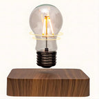 Magnetic levitating LED lamp floating above a natural wood element