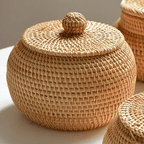 Small beige rattan picnic basket box with two handles