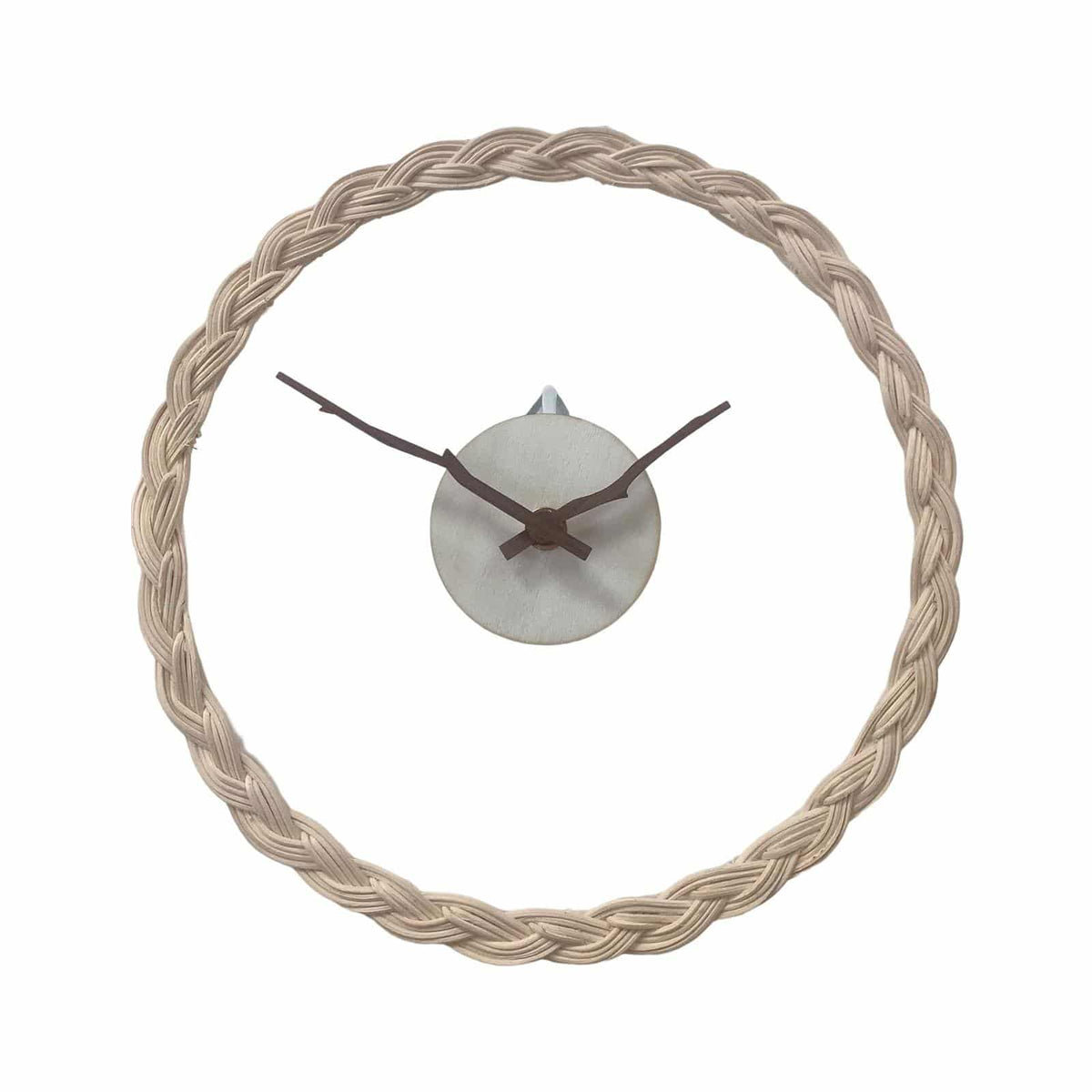 Minimalist wall clock with a braided rattan ring and branch hands