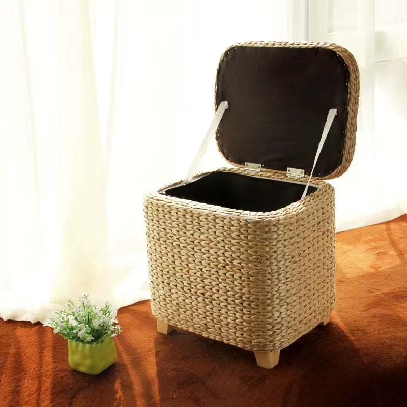 Minimalist hand woven wicker stool with a lift off lid and storage inside