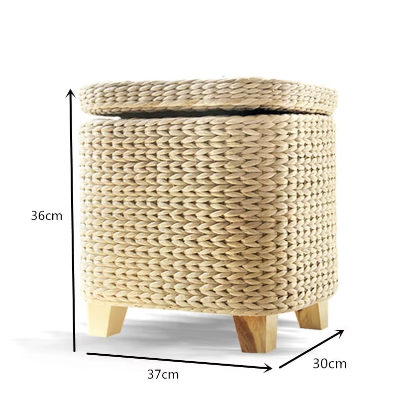 Minimalist hand woven wicker stool with a lift off lid and storage inside