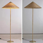 Tall minimalist floor lamp with a woven brown bamboo shade on an iron stand