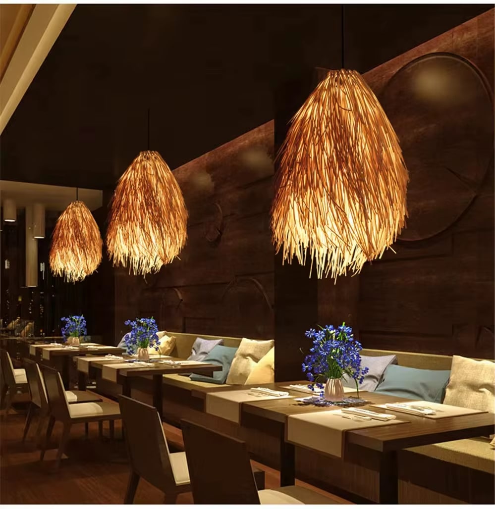 Modern hat shaped pendant light hand woven in beige rattan on an iron frame