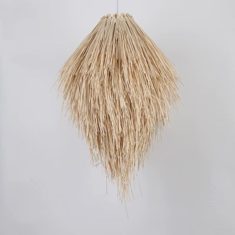 Modern hat shaped pendant light hand woven in beige rattan on an iron frame