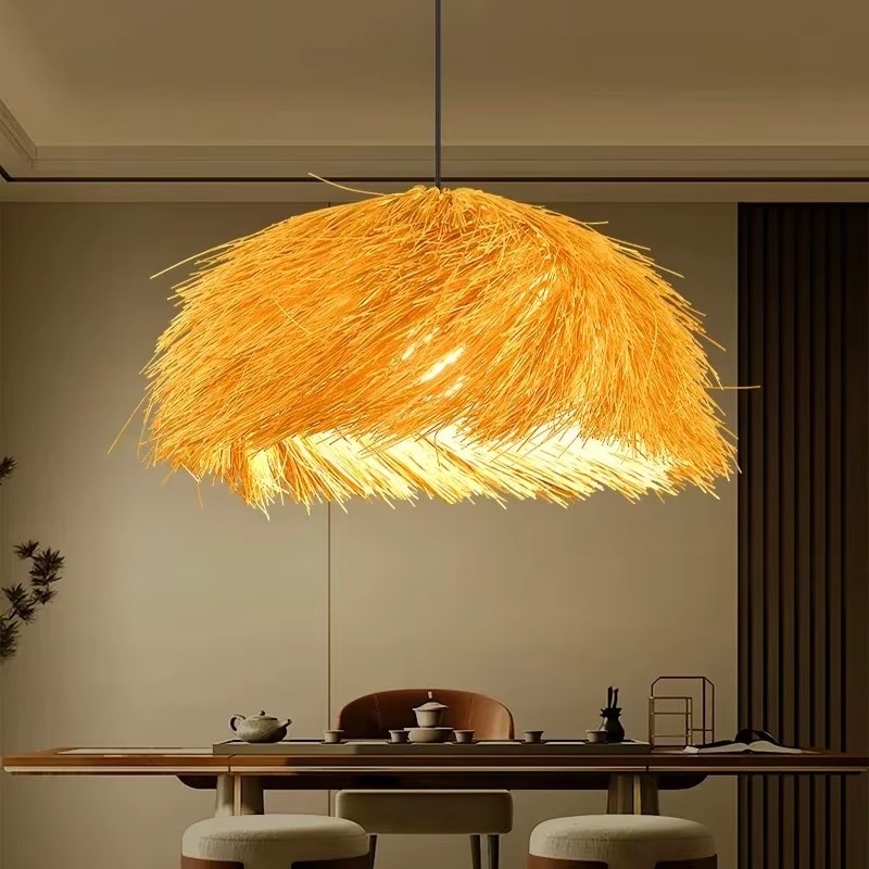 Round tightly woven natural rattan pendant light