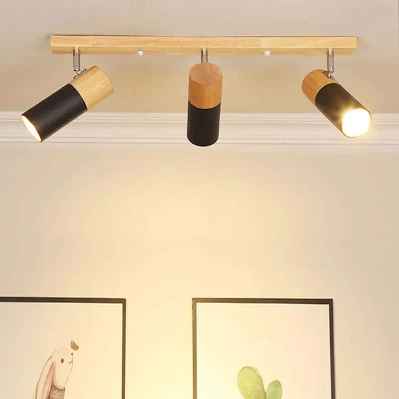Modern ceiling light with three adjustable heads in wood and black metal