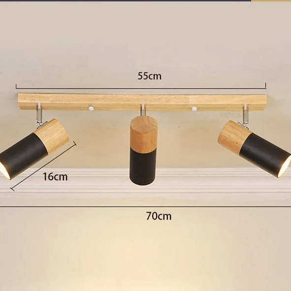 Modern ceiling light with three adjustable heads in wood and black metal