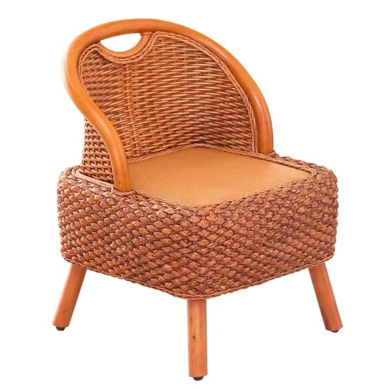 Hand woven wicker stool with a curved backrest on four legs
