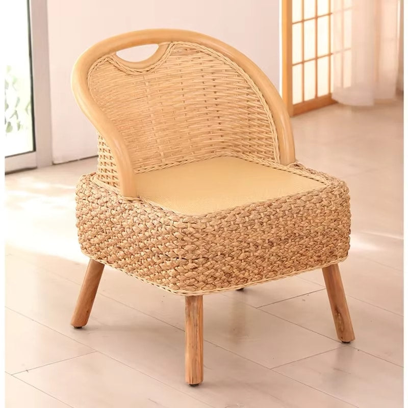 Hand woven wicker stool with a curved backrest on four legs