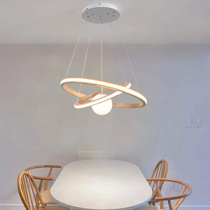 Modern chandelier in natural wood with white acrylic LED light