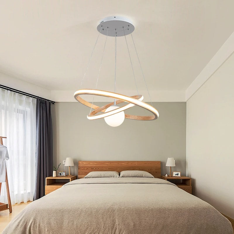 Modern chandelier in natural wood with white acrylic LED light
