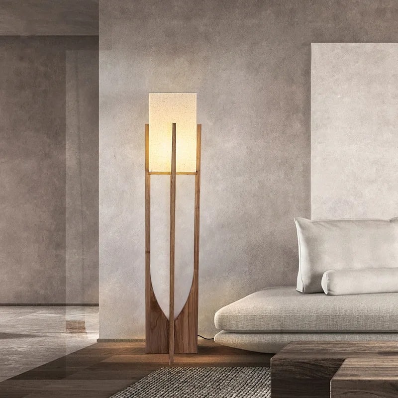 Modern wood and bamboo lamp with a hand woven shade, table or floor size