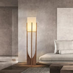 Modern wood and bamboo lamp with a hand woven shade, table or floor size