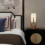 Modern wood and bamboo lamp with a hand woven shade, table or floor size