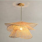 Sculptural pendant made of twisted stacked rattan rings