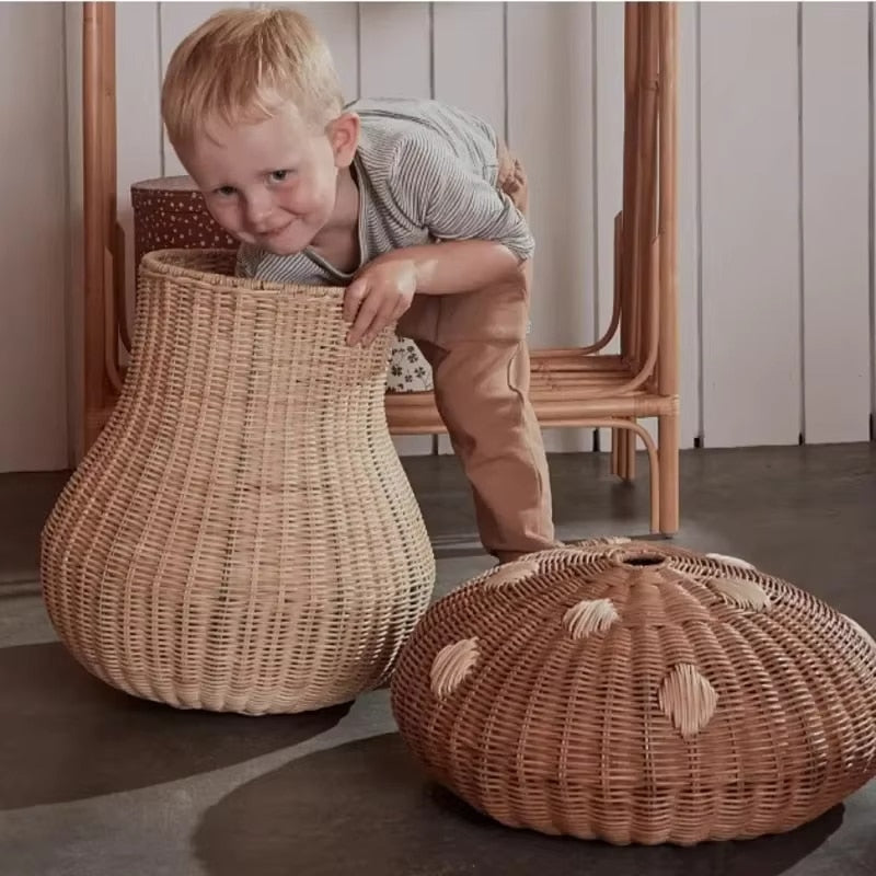 Mushroom shaped rattan storage basket with brown domed lid