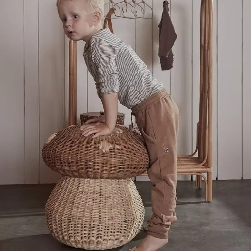 Mushroom shaped rattan storage basket with brown domed lid