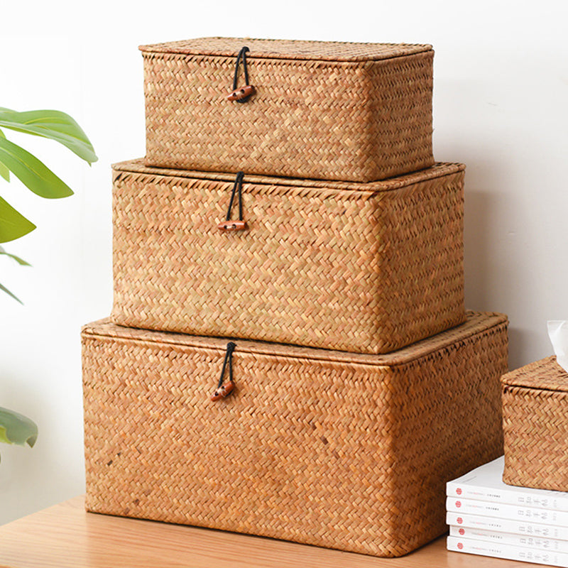 Hand woven natural rattan trunk box with a lid, offered in three sizes