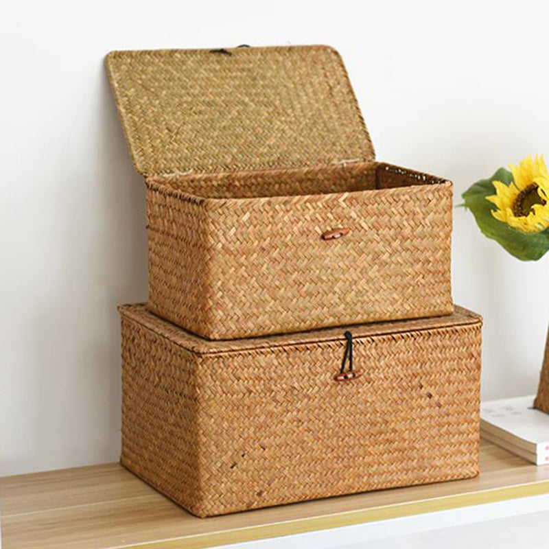 Hand woven natural rattan trunk box with a lid, offered in three sizes